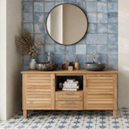 Farmhouse Natural Wood Bathroom Vanity With Slatted Cabinet Doors For Bathroom