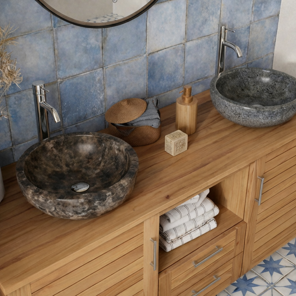 Farmhouse Natural Wood Bathroom Vanity With Slatted Cabinet Doors For Bathroom