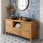 Farmhouse Natural Wood Bathroom Vanity With Slatted Cabinet Doors For Bathroom