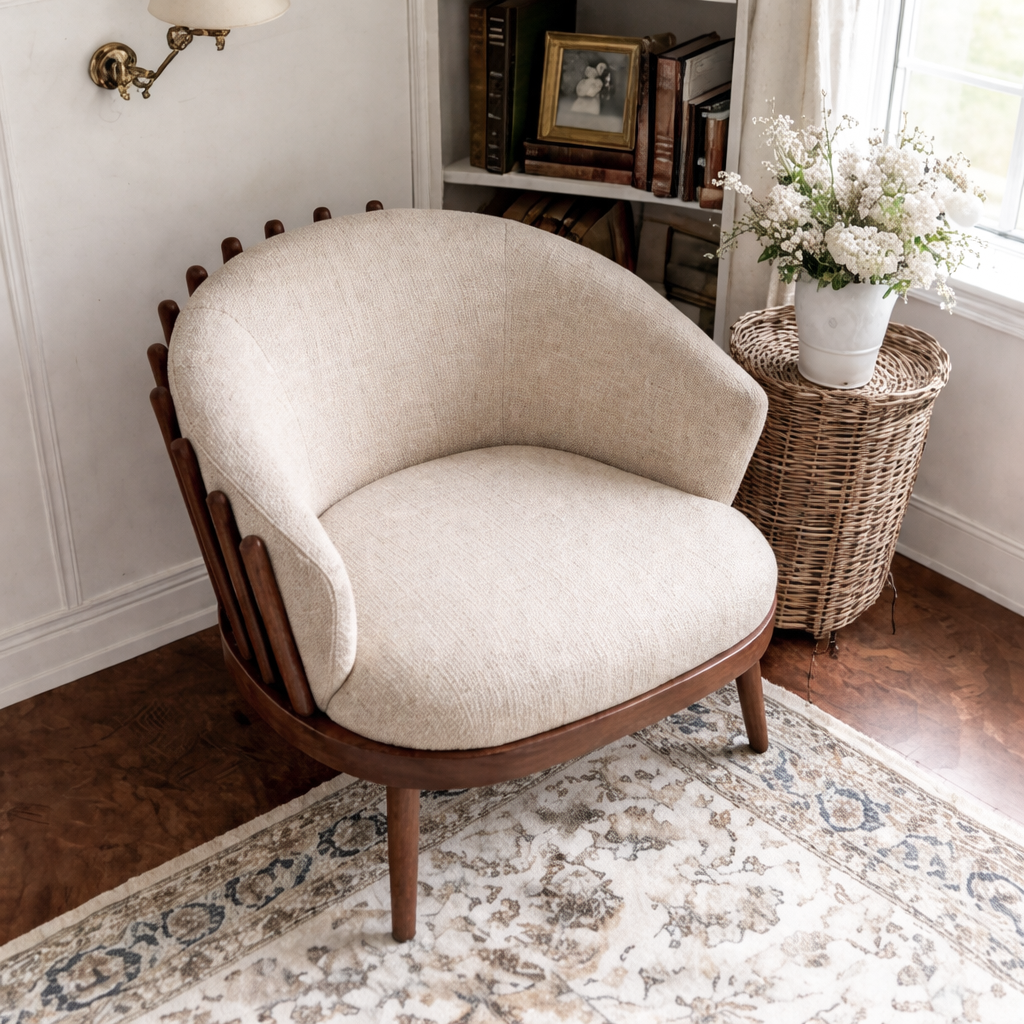 Mid-Century Natural Wood Accent Chair With Upholstered Seat For Living Room
