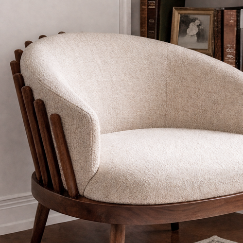 Mid-Century Natural Wood Accent Chair With Upholstered Seat For Living Room