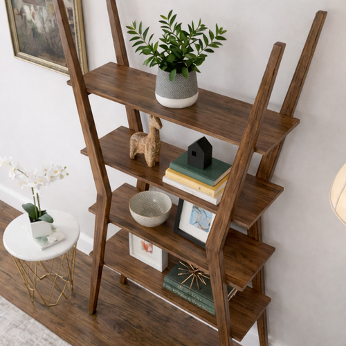 Mid-Century Natural Wood Bookcase With Open Tier Storage For Living Room