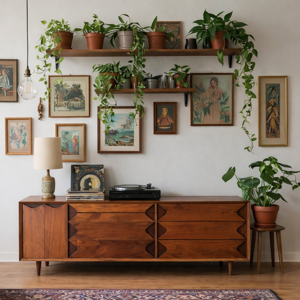 Mid-Century Natural Wood Cabinet With Decorative Drawer Fronts For Living Room