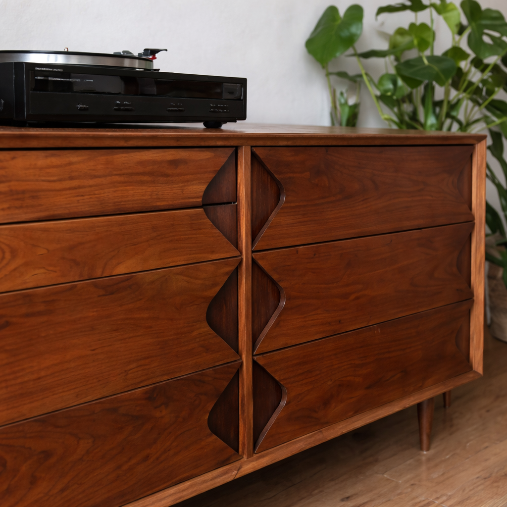 Mid-Century Natural Wood Cabinet With Decorative Drawer Fronts For Living Room