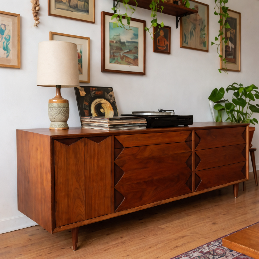 Mid-Century Natural Wood Cabinet With Decorative Drawer Fronts For Living Room