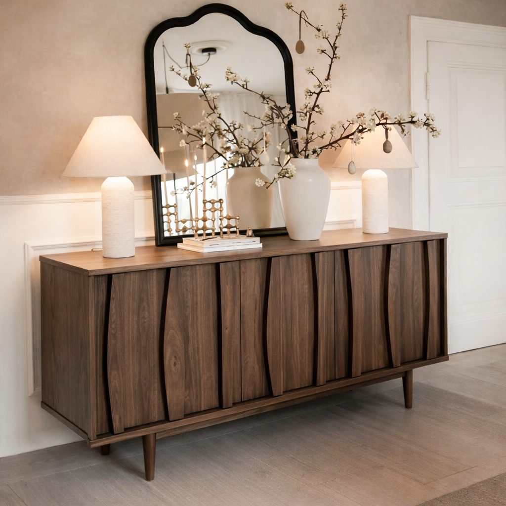 Mid-Century Natural Wood Cabinet With Sculpted Front Detail For Living Room