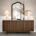 Mid-Century Natural Wood Cabinet With Sculpted Front Detail For Living Room