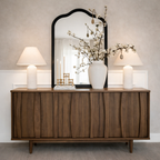 Mid-Century Natural Wood Cabinet With Sculpted Front Detail For Living Room