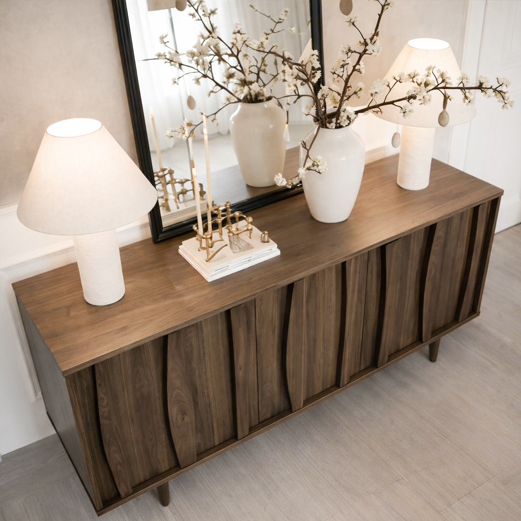 Mid-Century Natural Wood Cabinet With Sculpted Front Detail For Living Room