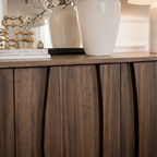 Mid-Century Natural Wood Cabinet With Sculpted Front Detail For Living Room