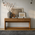 Mid-Century Natural Wood Console Table With Drawers And Lower Shelf For Living Room