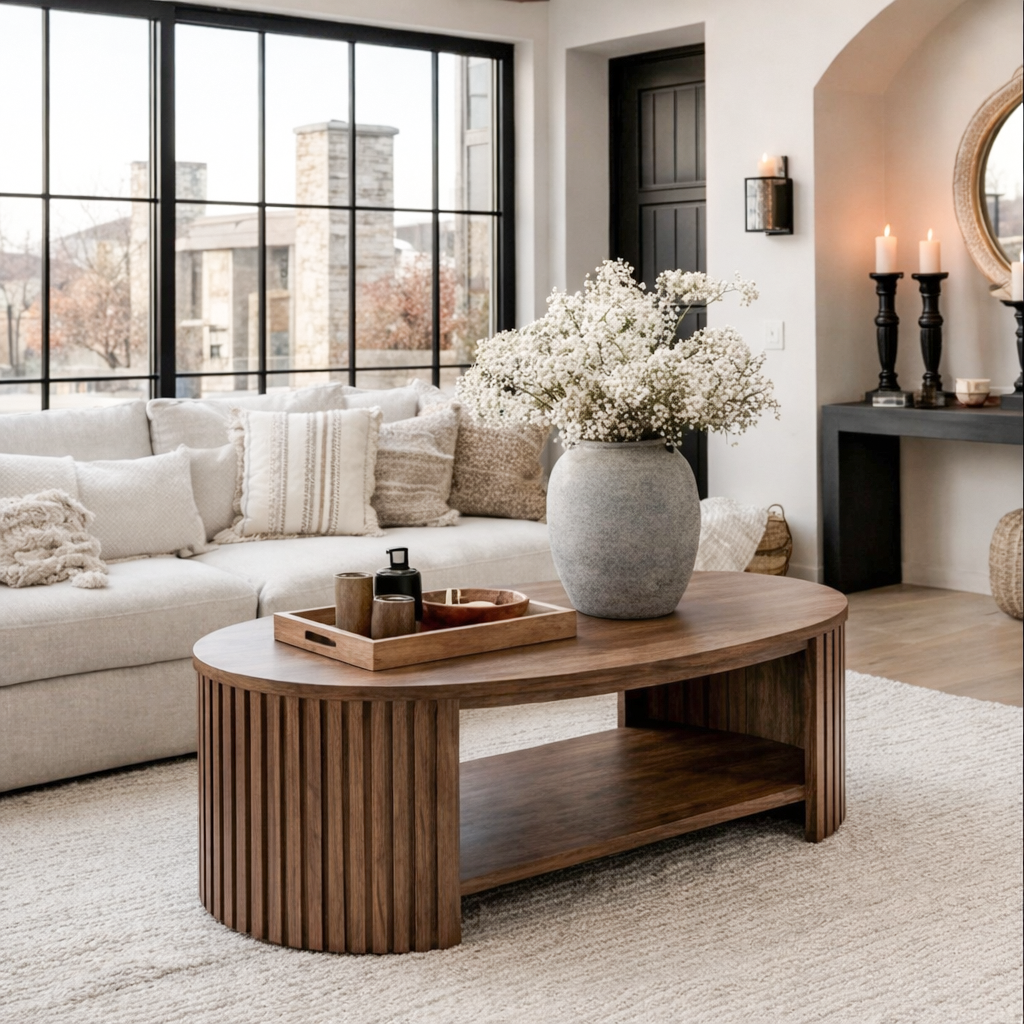 Mid-Century Natural Wood Oval Coffee Table With Fluted Base And Open Shelf For Living Room