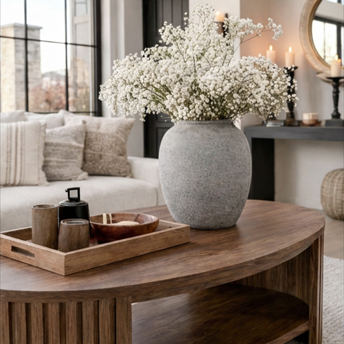 Mid-Century Natural Wood Oval Coffee Table With Fluted Base And Open Shelf For Living Room