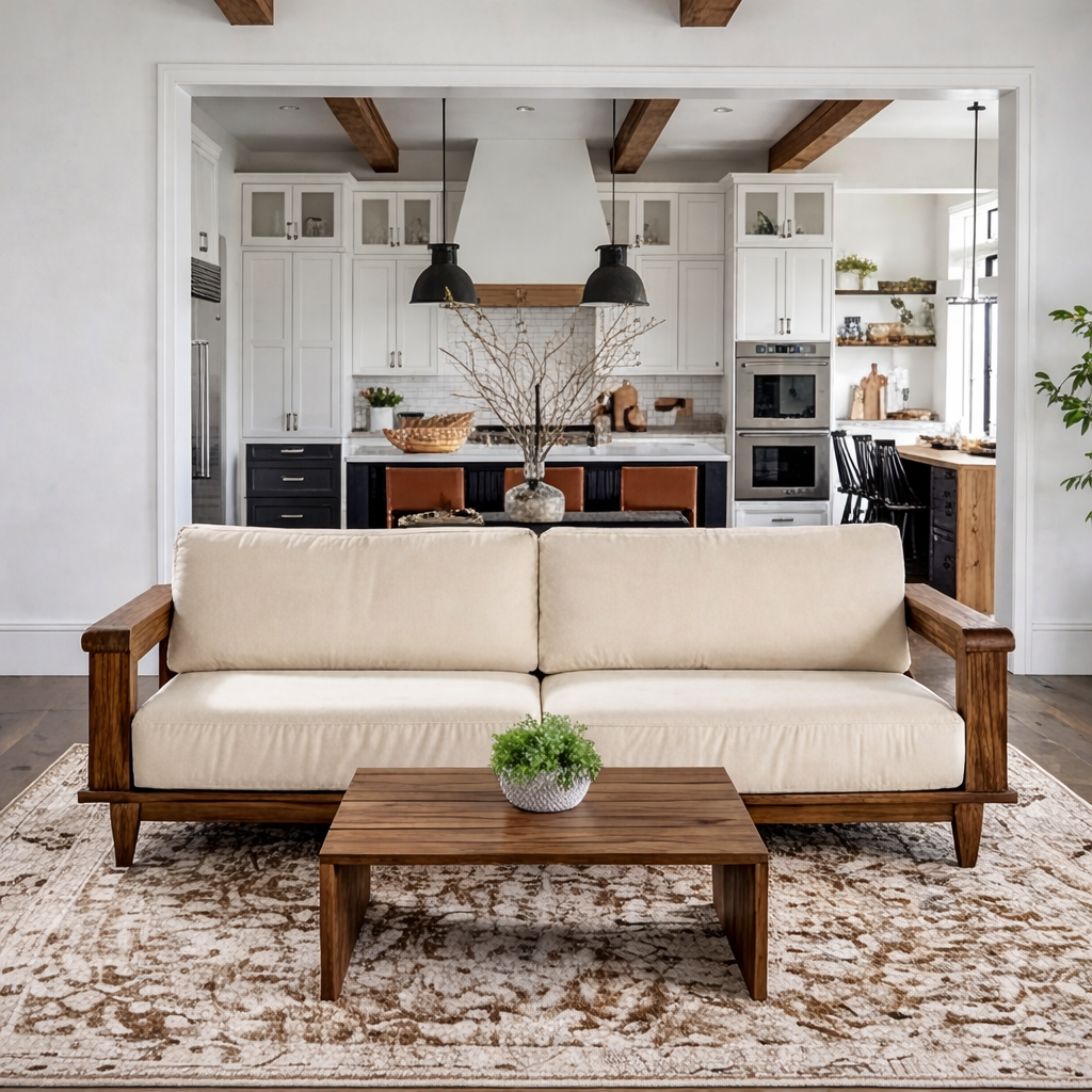 Mid-Century Natural Wood Sofa With Upholstered Cushions For Living Room
