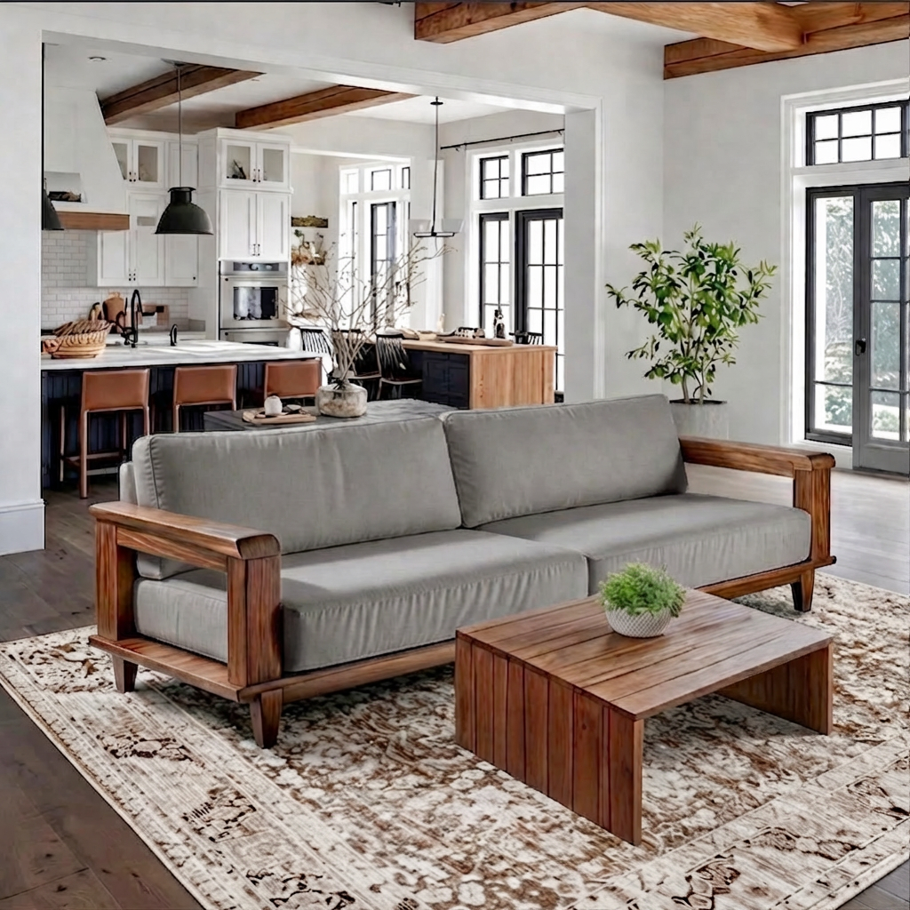 Mid-Century Natural Wood Sofa With Upholstered Cushions For Living Room