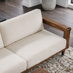 Mid-Century Natural Wood Sofa With Upholstered Cushions For Living Room