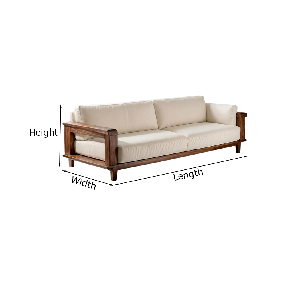Mid-Century Natural Wood Sofa With Upholstered Cushions For Living Room