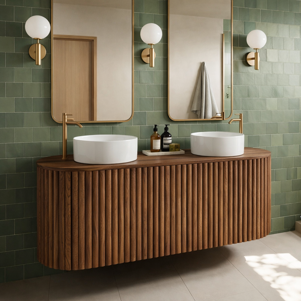 Mid-Century Wooden Bathroom Vanity With Fluted Front For Bathroom