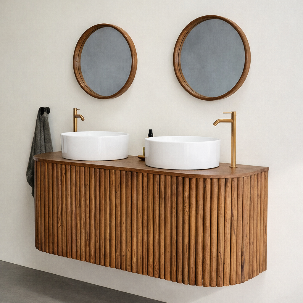 Mid-Century Wooden Bathroom Vanity With Fluted Front For Bathroom