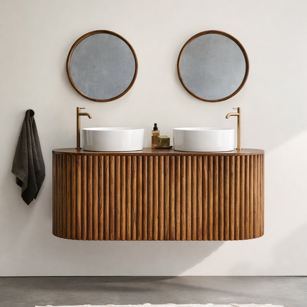 Mid-Century Wooden Bathroom Vanity With Fluted Front For Bathroom