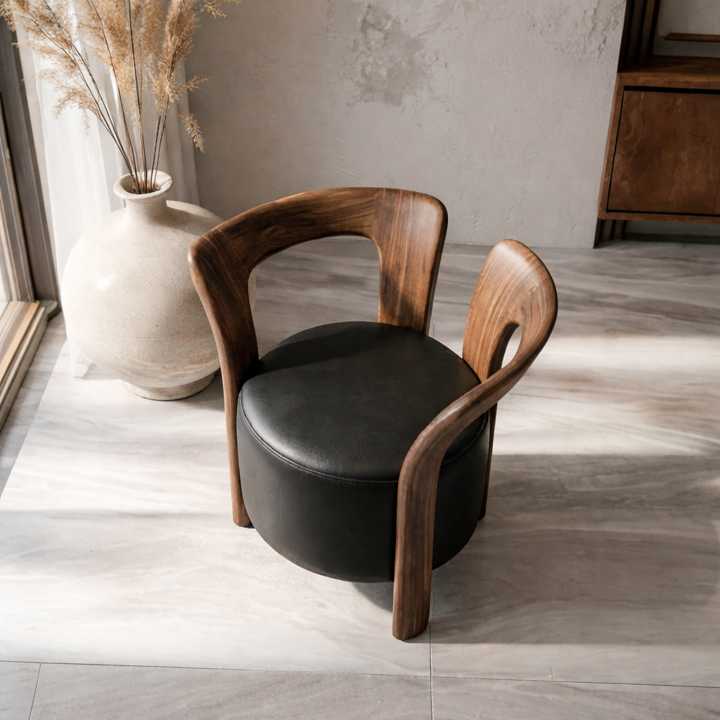 Modern Accent Chair With Natural Wood Frame And Leather Upholstered Seat For Living Room