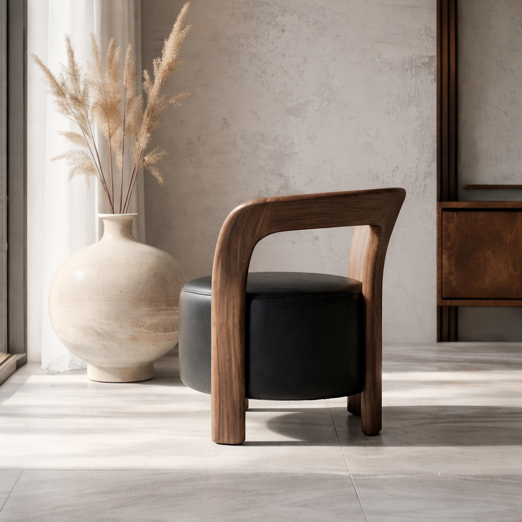 Modern Accent Chair With Natural Wood Frame And Leather Upholstered Seat For Living Room