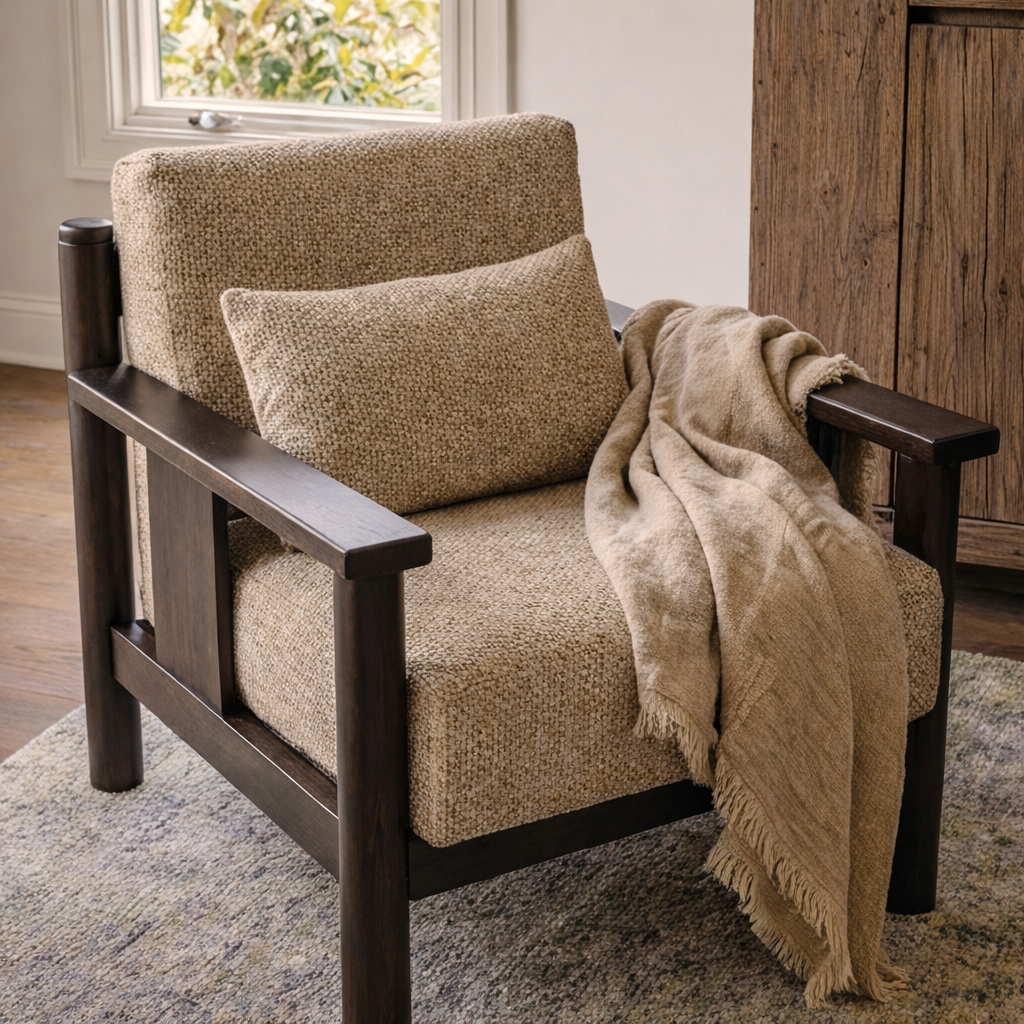 Modern Accent Chair With Wood Frame And Upholstered Cushion For Living Room