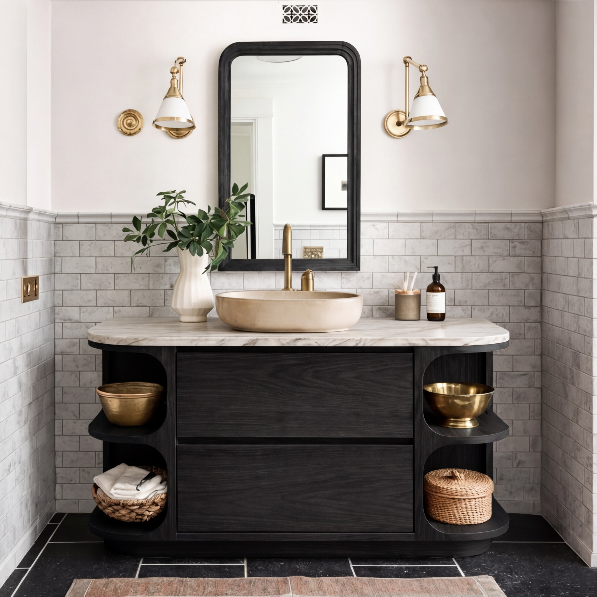 Modern Natural Wood Bathroom Vanity With Curved Open Shelves And Drawer Storage For Bathroom