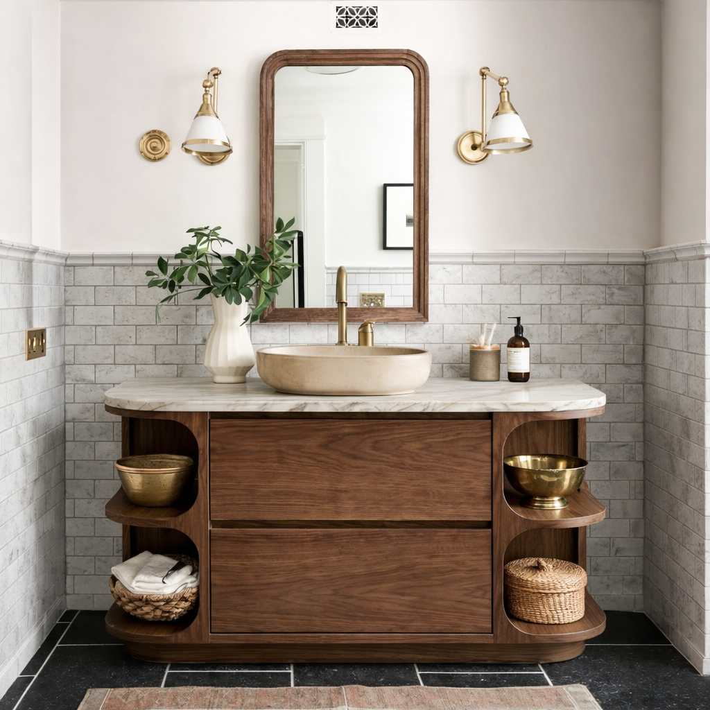 Modern Natural Wood Bathroom Vanity With Curved Open Shelves And Drawer Storage For Bathroom