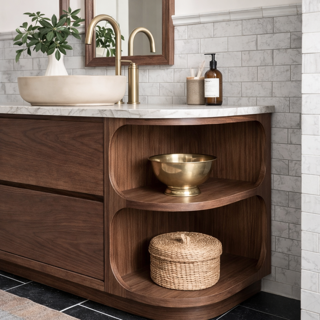 Modern Natural Wood Bathroom Vanity With Curved Open Shelves And Drawer Storage For Bathroom