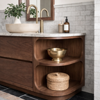 Modern Natural Wood Bathroom Vanity With Curved Open Shelves And Drawer Storage For Bathroom