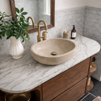 Modern Natural Wood Bathroom Vanity With Curved Open Shelves And Drawer Storage For Bathroom