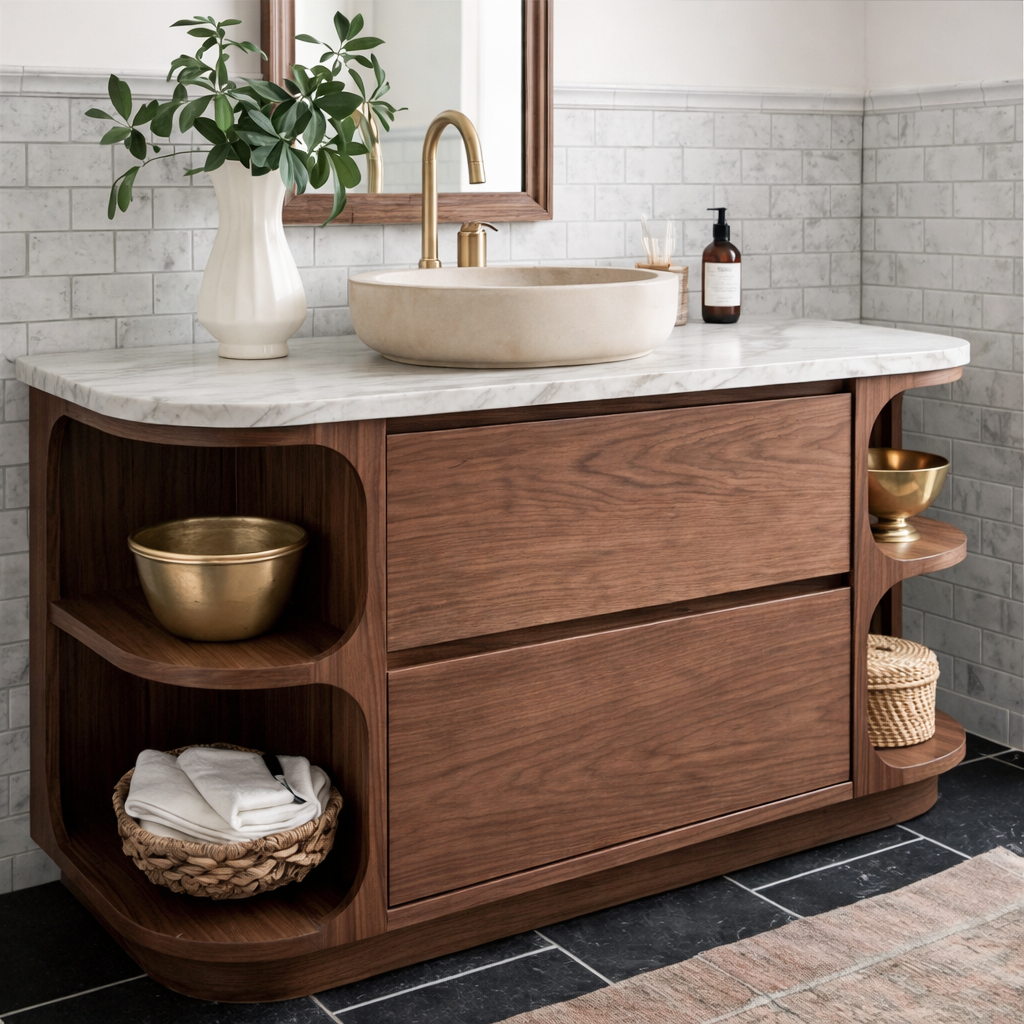 Modern Natural Wood Bathroom Vanity With Curved Open Shelves And Drawer Storage For Bathroom
