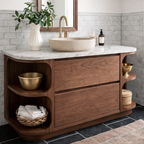 Modern Natural Wood Bathroom Vanity With Curved Open Shelves And Drawer Storage For Bathroom
