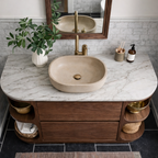 Modern Natural Wood Bathroom Vanity With Curved Open Shelves And Drawer Storage For Bathroom