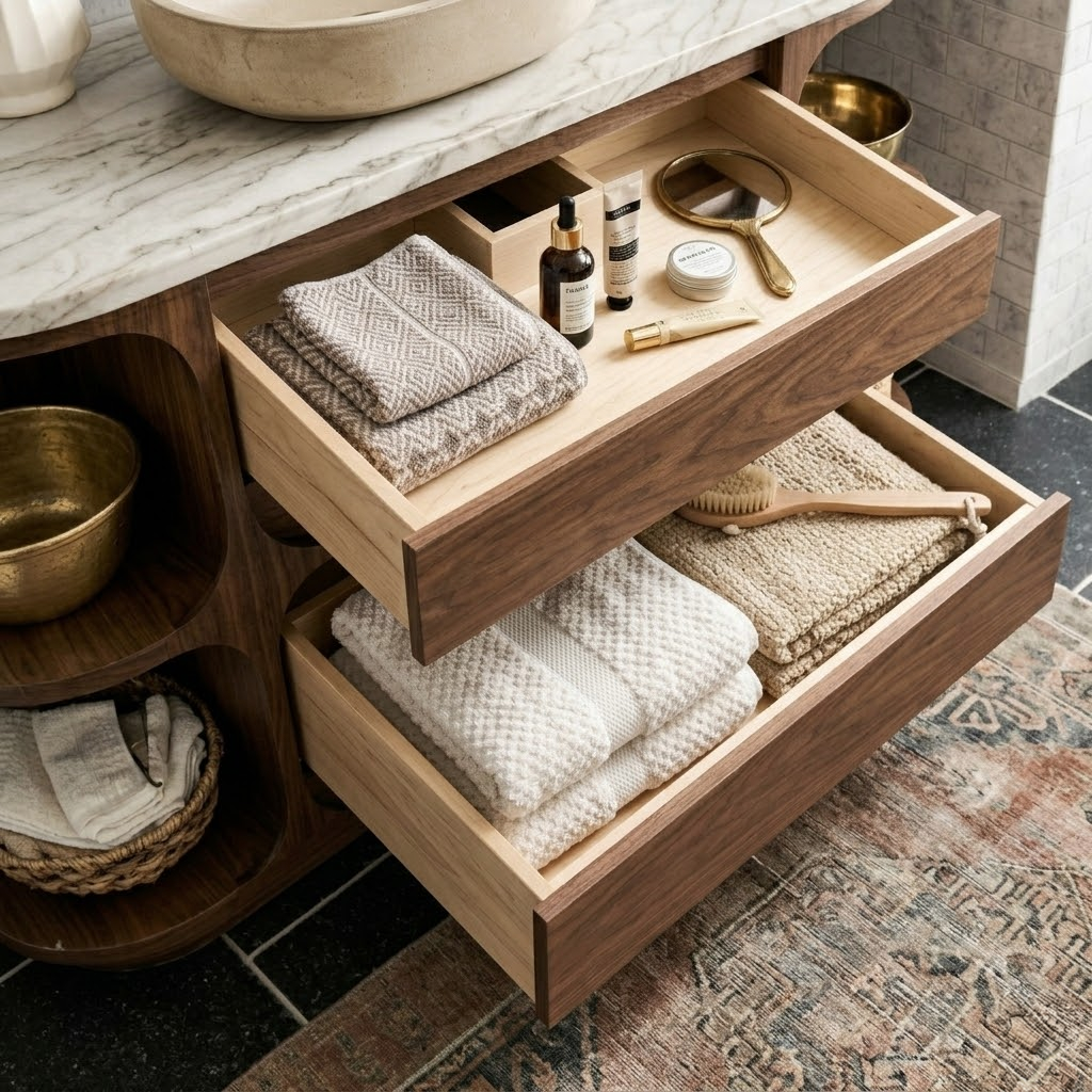 Modern Natural Wood Bathroom Vanity With Curved Open Shelves And Drawer Storage For Bathroom