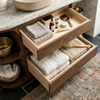 Modern Natural Wood Bathroom Vanity With Curved Open Shelves And Drawer Storage For Bathroom