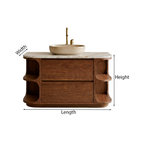 Modern Natural Wood Bathroom Vanity With Curved Open Shelves And Drawer Storage For Bathroom