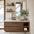 Modern Natural Wood Bathroom Vanity With Open Side Shelf And Drawer Storage For Bathroom