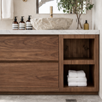 Modern Natural Wood Bathroom Vanity With Open Side Shelf And Drawer Storage For Bathroom