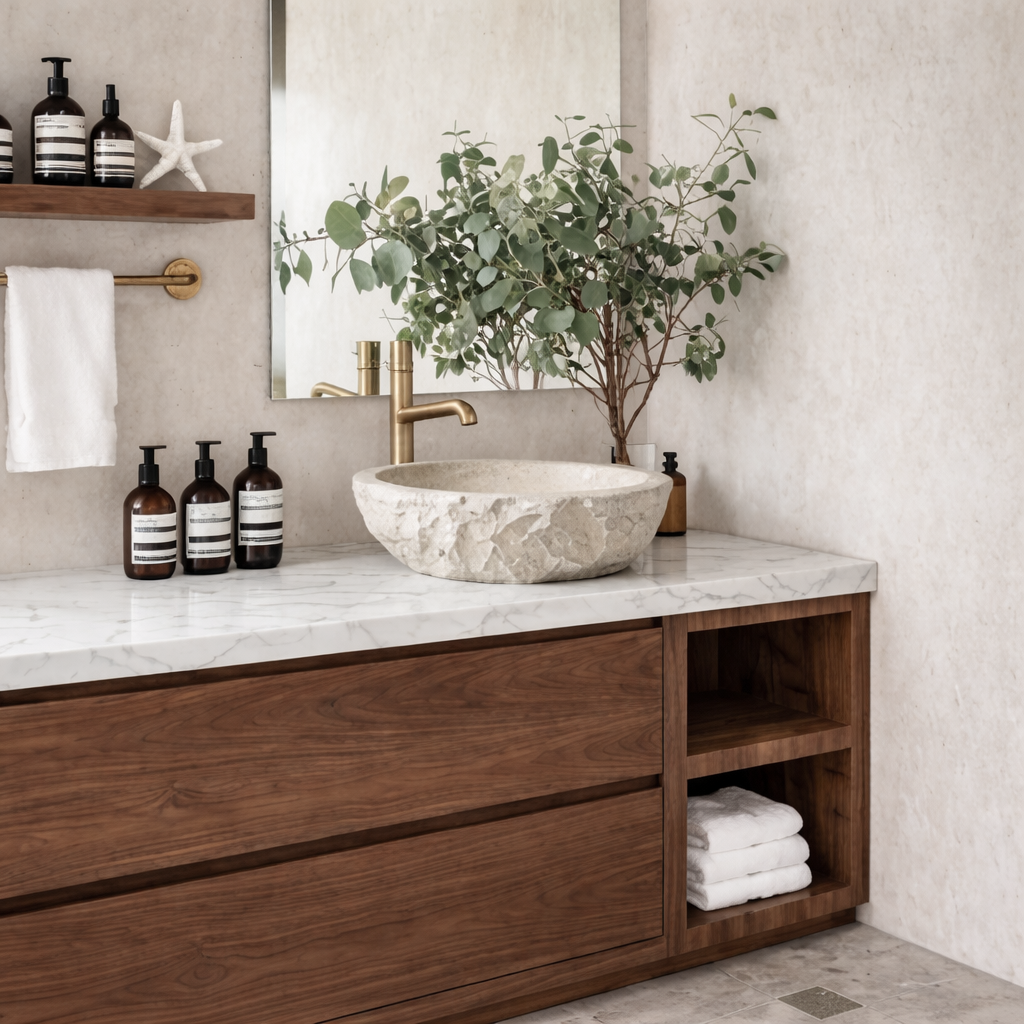 Modern Natural Wood Bathroom Vanity With Open Side Shelf And Drawer Storage For Bathroom