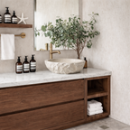 Modern Natural Wood Bathroom Vanity With Open Side Shelf And Drawer Storage For Bathroom