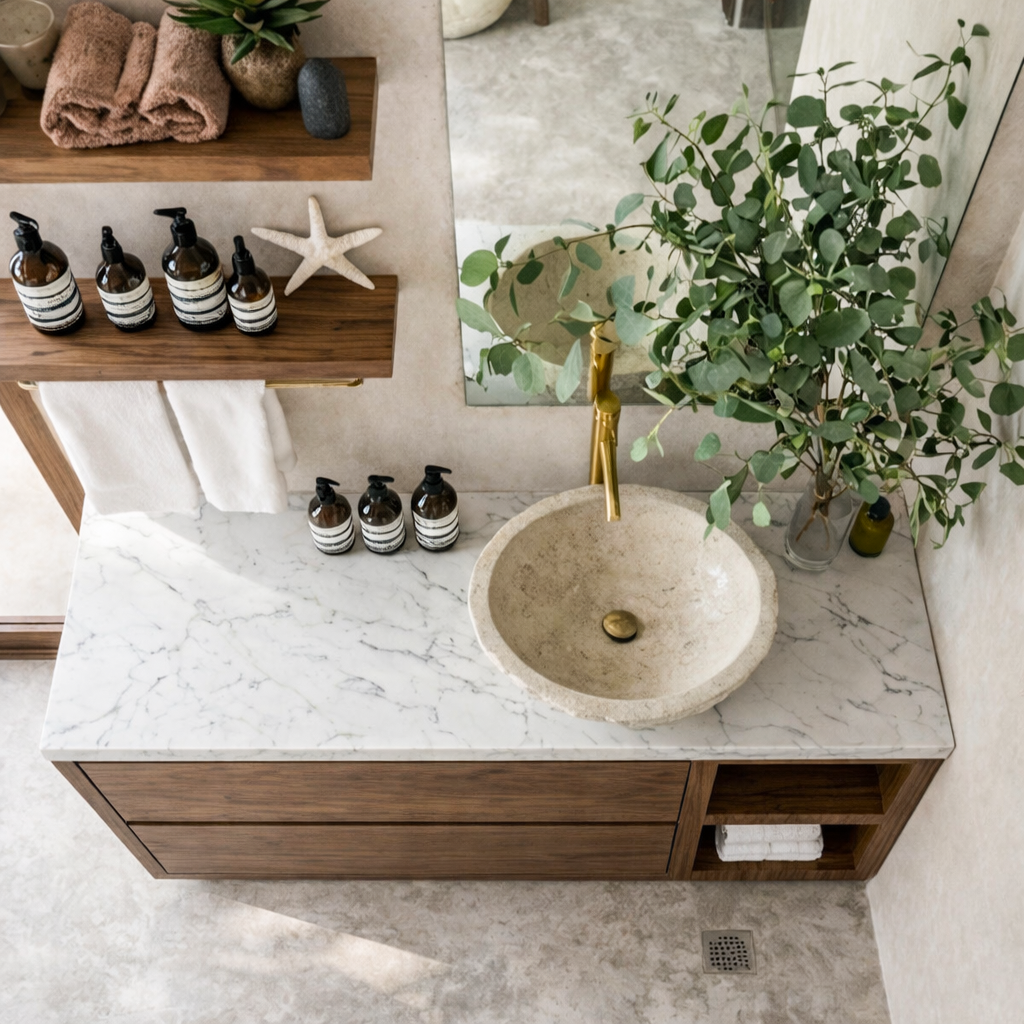Modern Natural Wood Bathroom Vanity With Open Side Shelf And Drawer Storage For Bathroom