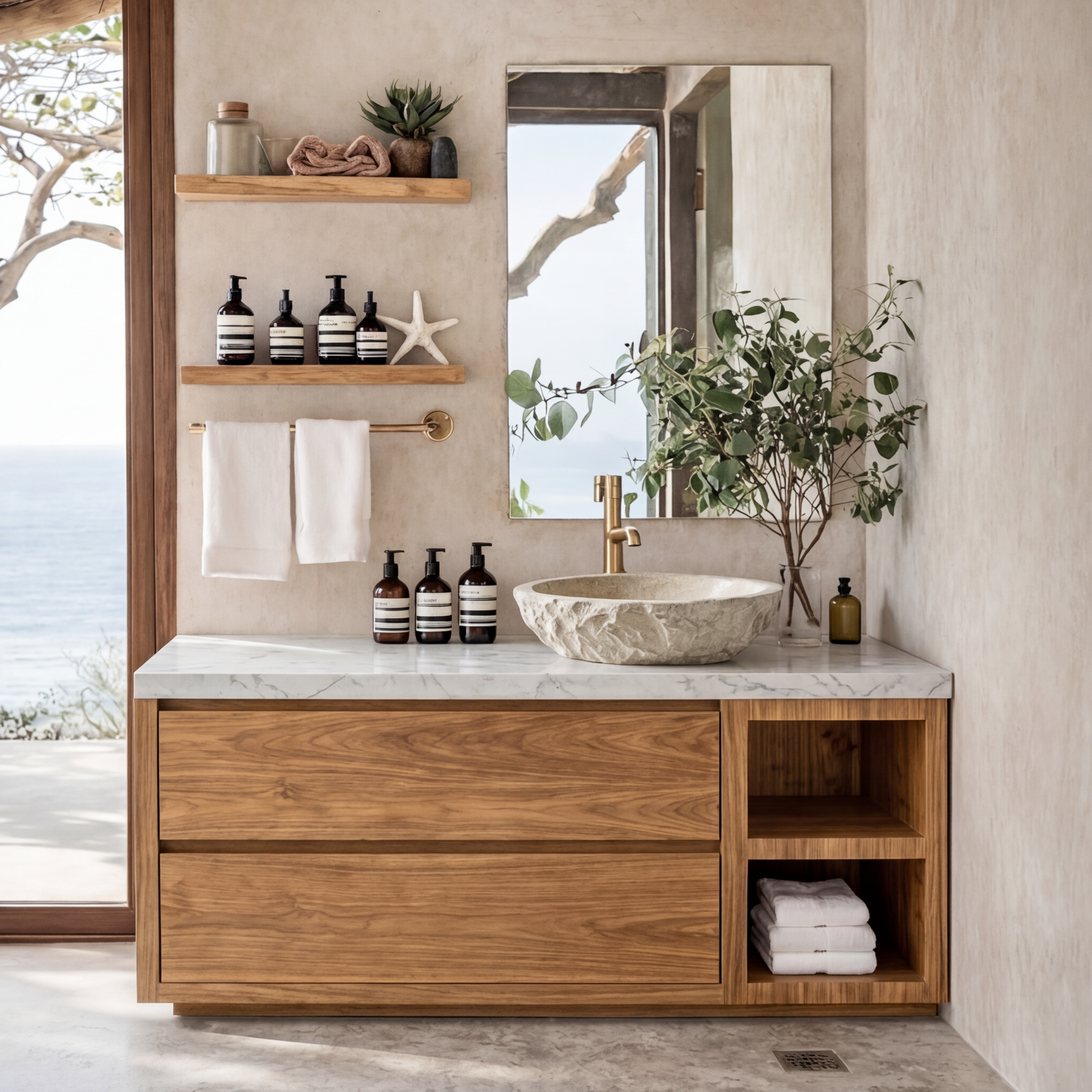 Modern Natural Wood Bathroom Vanity With Open Side Shelf And Drawer Storage For Bathroom