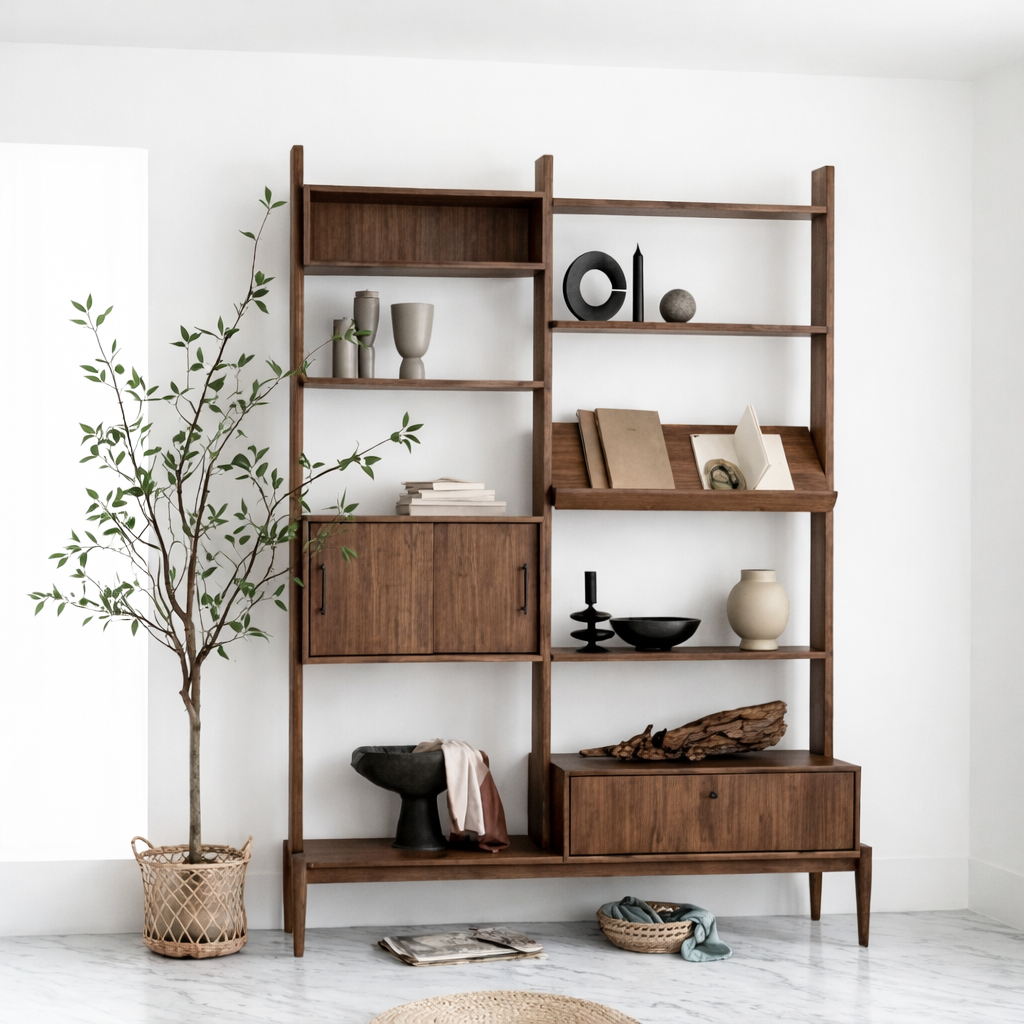 Modern Natural Wood Bookshelf With Cabinet Storage And Display Shelves For Office