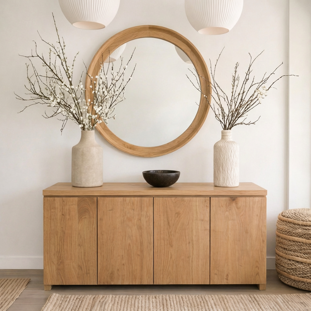 Modern Natural Wood Cabinet With Clean Front Design For Living Room