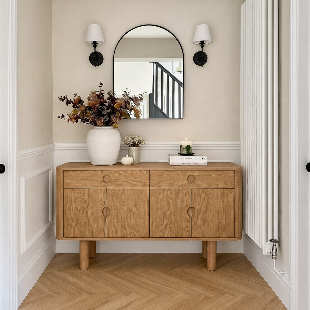 Modern Natural Wood Cabinet With Rounded Corners And Drawer Storage For Living Room