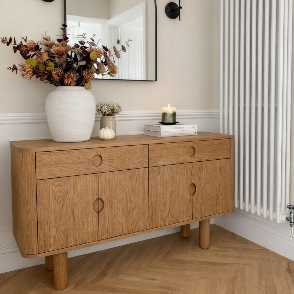 Modern Natural Wood Cabinet With Rounded Corners And Drawer Storage For Living Room