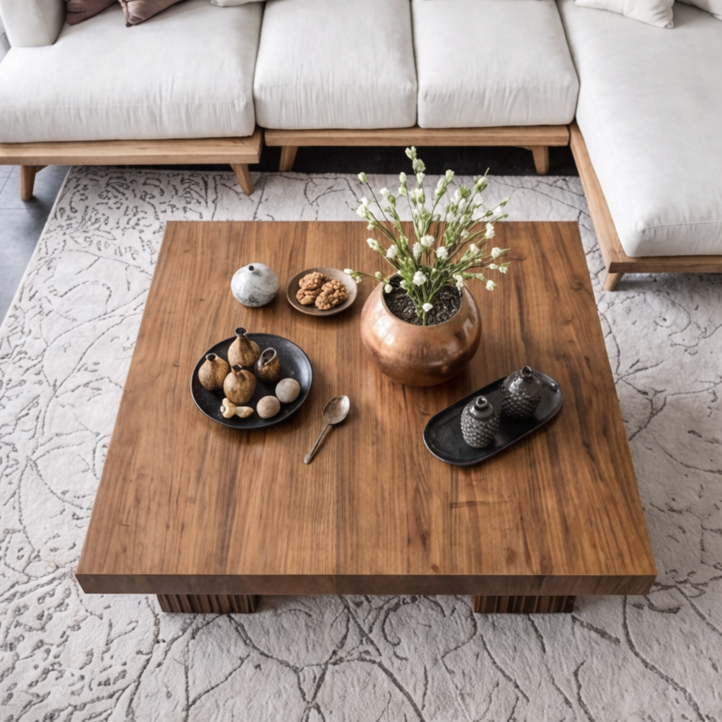 Modern Natural Wood Coffee Table With Fluted Pedestal Base For Living Room