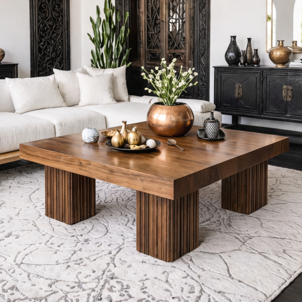 Modern Natural Wood Coffee Table With Fluted Pedestal Base For Living Room